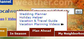 Weather.com "fly up" navigation menu example