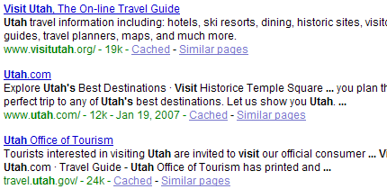 Visit Utah top Google search results