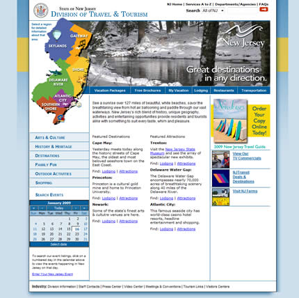 New Jersey state tourism website: 2009