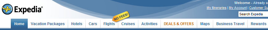 Expedia website navigation: new