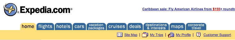 Expedia website navigation: old