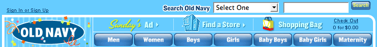 Old Navy website navigation: old