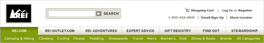 REI website navigation: new