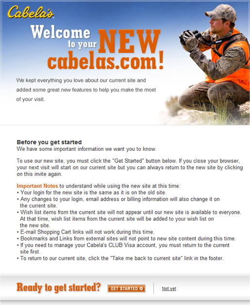 Welcome page for new Cabela's website