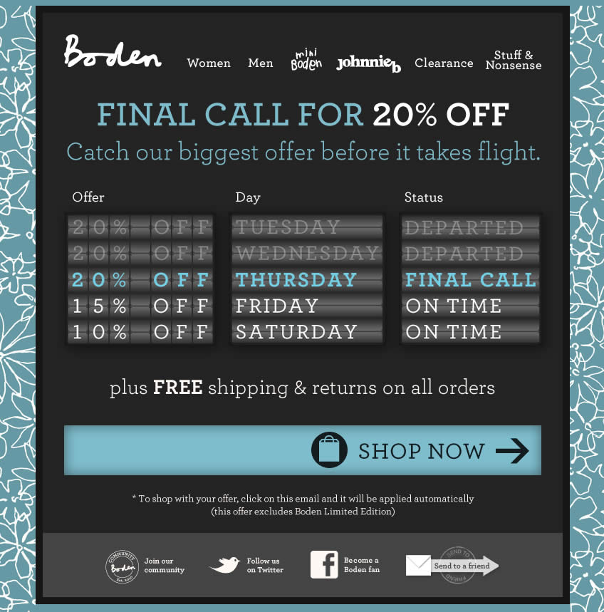 Final Call for 20% Off Boden email