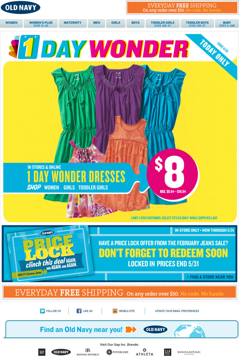 Old Navy email design: 1 Day Wonder