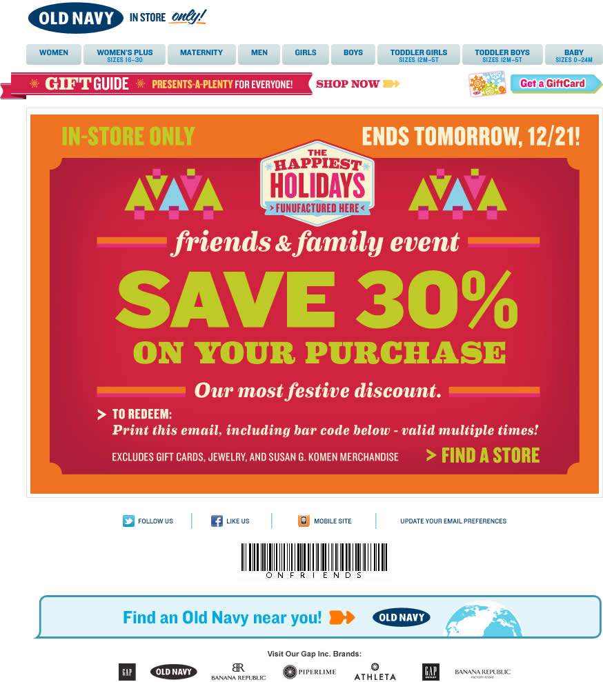 Old Navy email design: Friends and Family