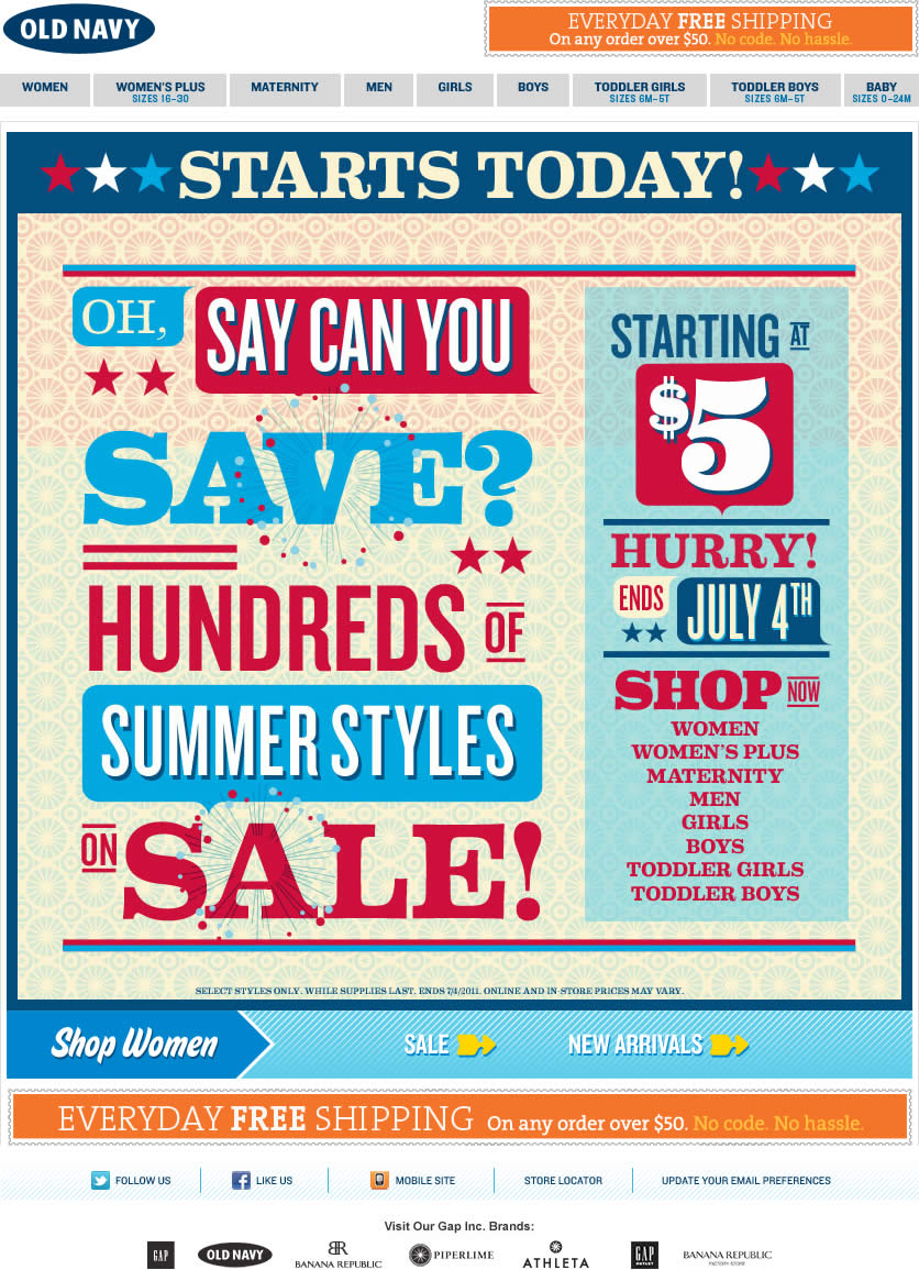 Old Navy email design: July 4th Sale