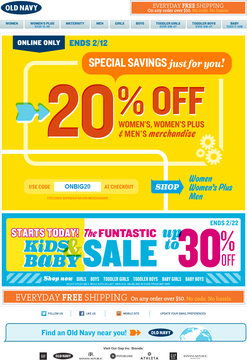 Old Navy email design: Just For You