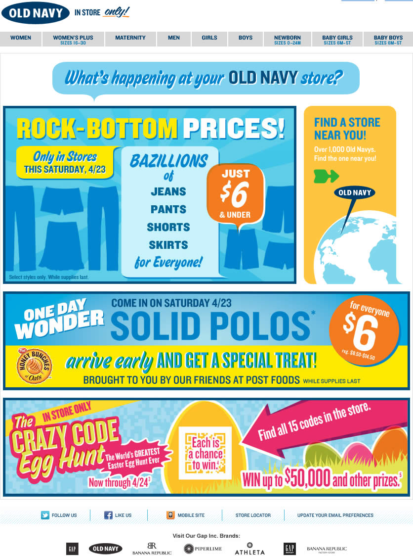 Old Navy email design: Rock Bottom Prices