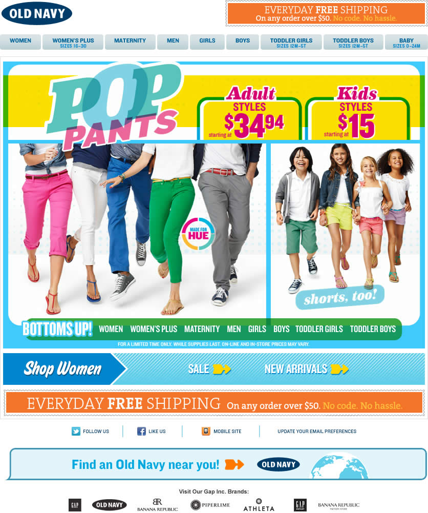 Old Navy email design: Pop Pants