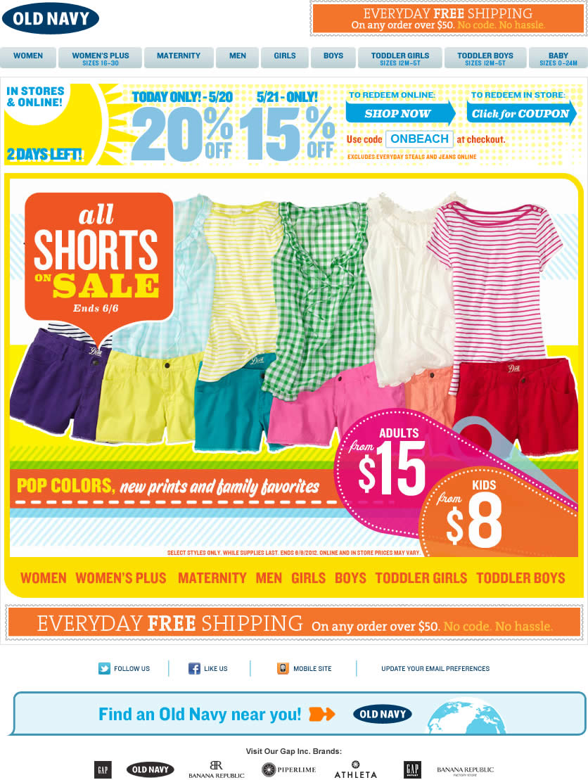 Old Navy email design: Shorts On Sale