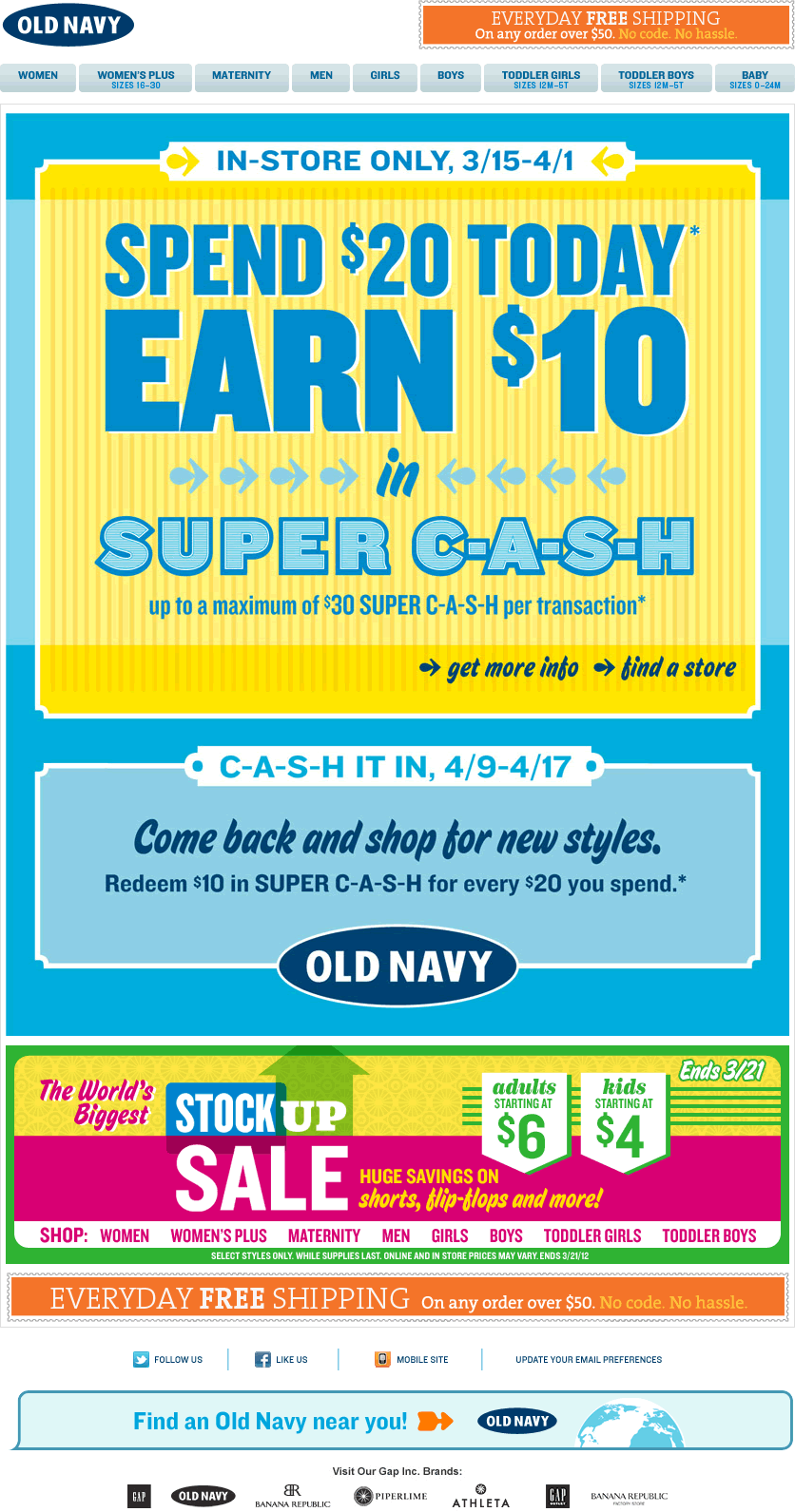 Old Navy email design: Super Cash