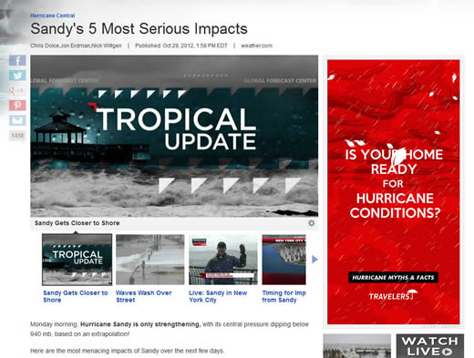 Hurricane Sandy banner ad on Weather.com