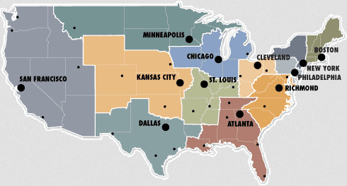 District map of US Federal Reserve banks