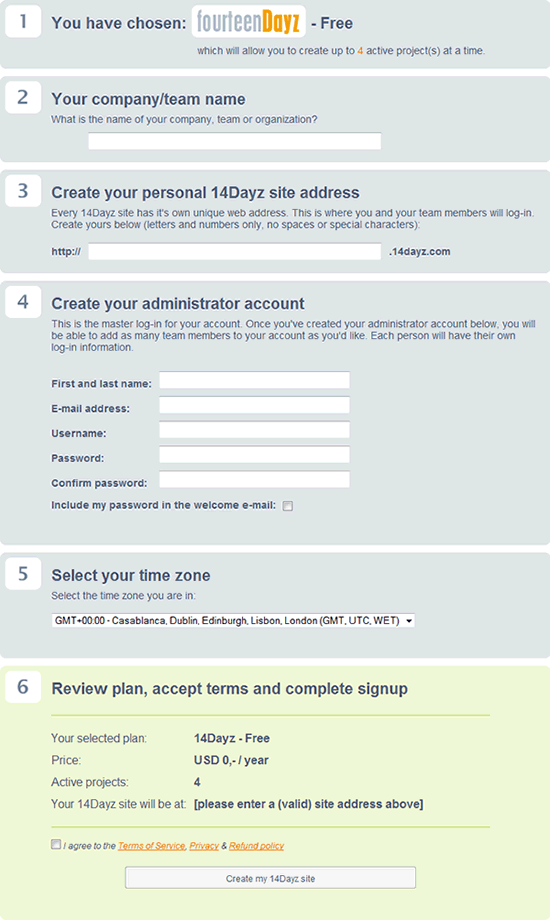 Fourteen Dayz signup form design example