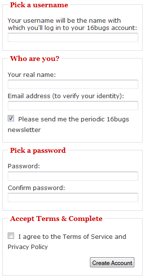 16bugs registration form design example