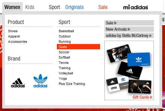 adidas mega menu design example