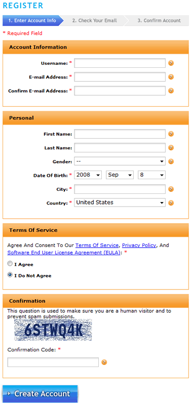 Aeria Games registration form design example