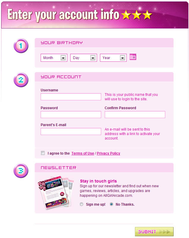 AllGirlArcade registration form design example