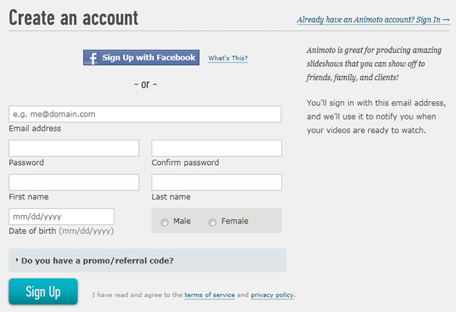 Animoto registration form design example