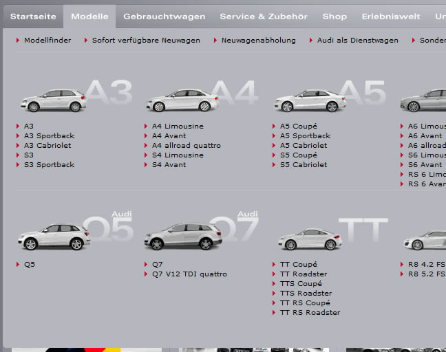 Audi mega menu design example