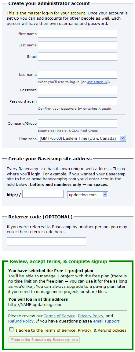 Basecamp registration form design example