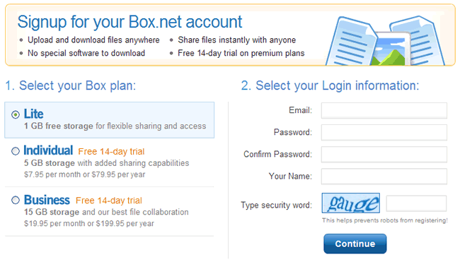 Box.net registration form design example