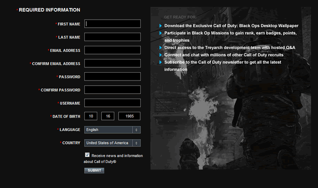 Call of Duty signup form design example