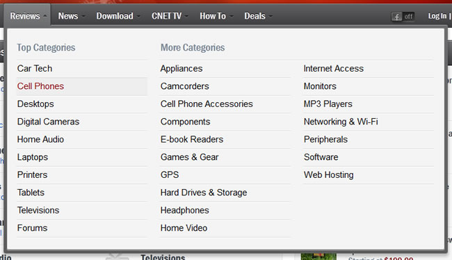 CNET Mega Menu Design Example