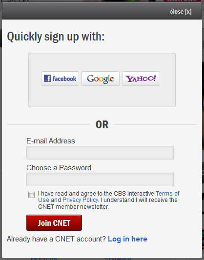 CNET online signup form design example