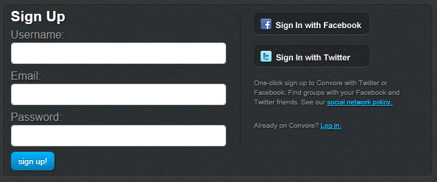 Convore registration form design example