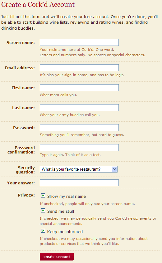 Corkd registration form design example