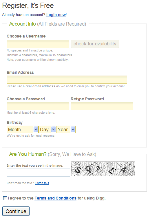 Digg registration form design example