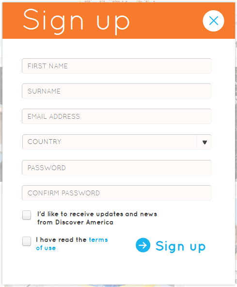 Discover America online signup form design example