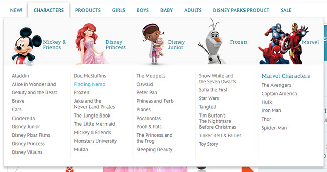 Disney Store website mega menu design example