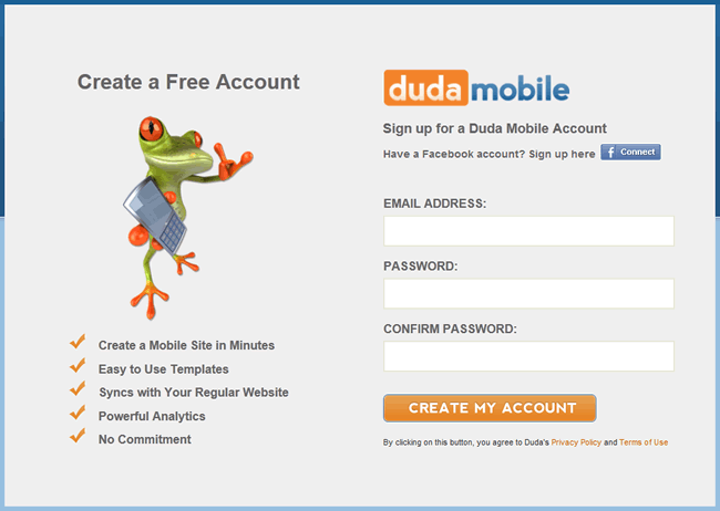 Duda Mobile online signup form design example