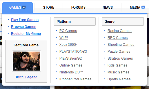 Electronic Arts mega menu design example