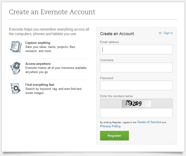 Evernote online signup form design example
