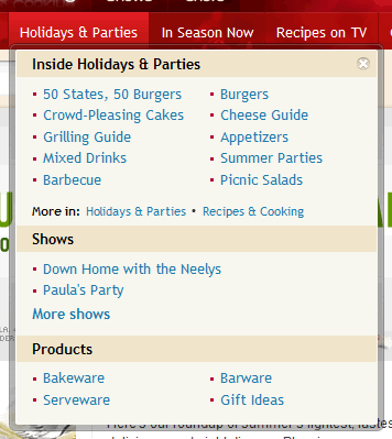 Food Network mega menu design example