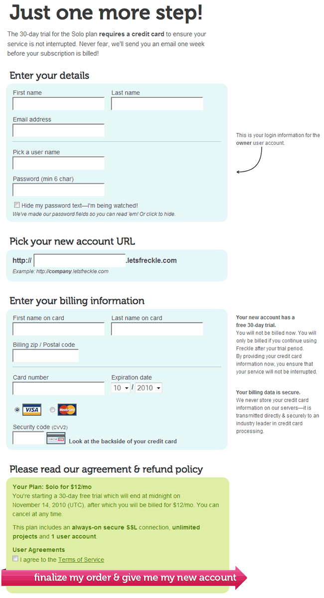 Freckle signup form design example