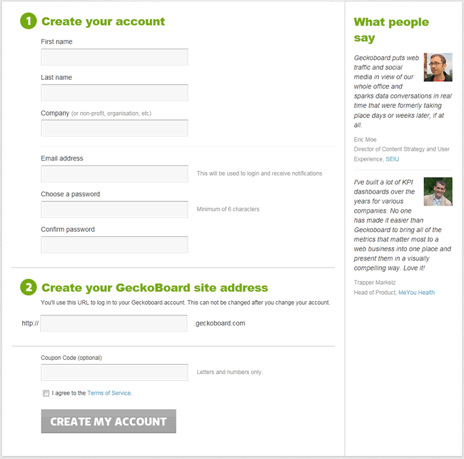 GeckoBoard registration form design example