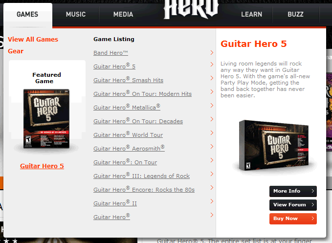 Guitar Hero mega menu design example