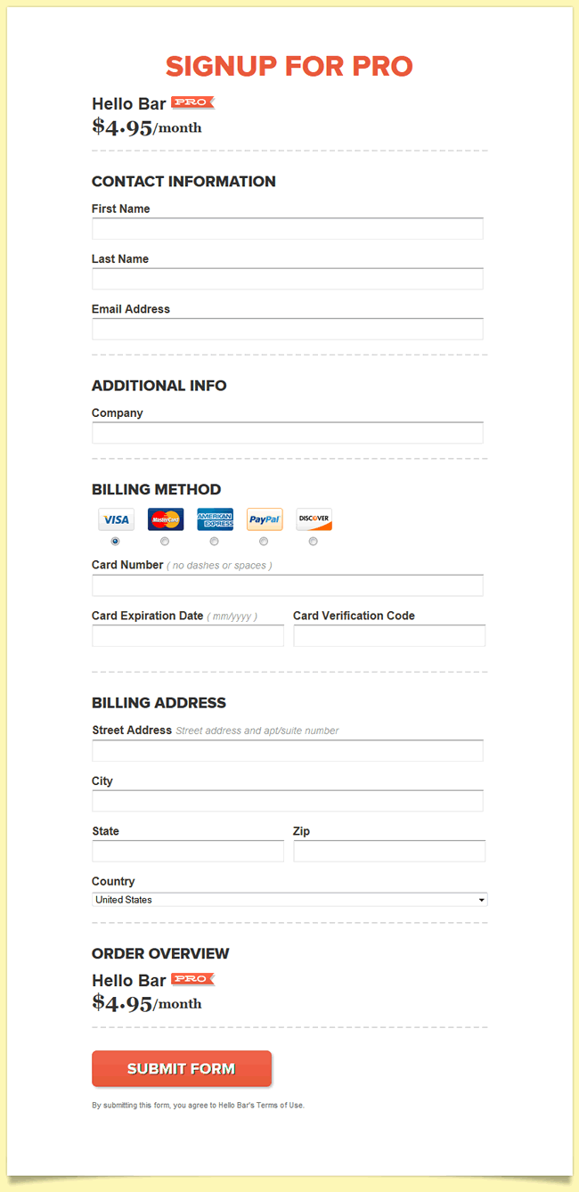 The Hello Bar online signup form design example