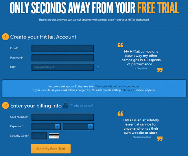 Hit Tail online signup form design example