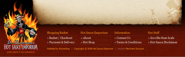 Dr. Burnoriums Hot Sauce Emporium website footer design example