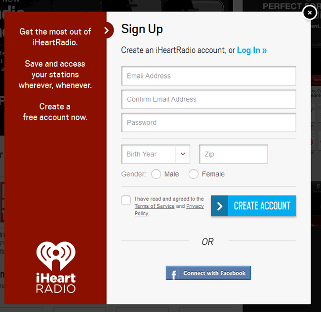 iHeartRadio online signup form design example