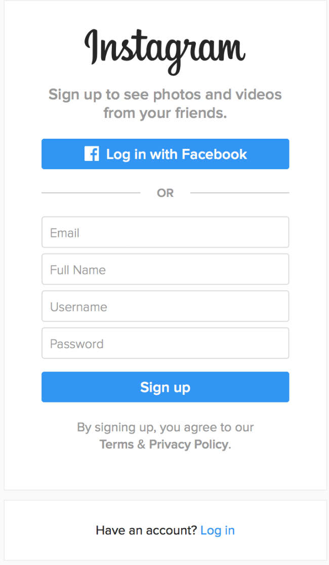 Instagram desktop website signup form