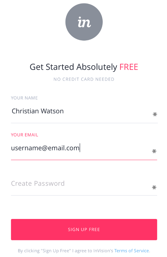 InVision desktop website signup form