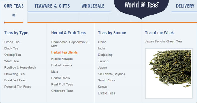 Jenier World of Teas mega menu design example